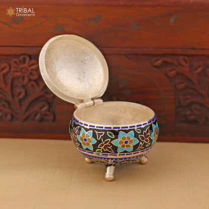 925 Sterling silver fabulous meenakari trinket box, container box, casket box,sindoor box, enamel work customized  box stb898 - TRIBAL ORNAMENTS