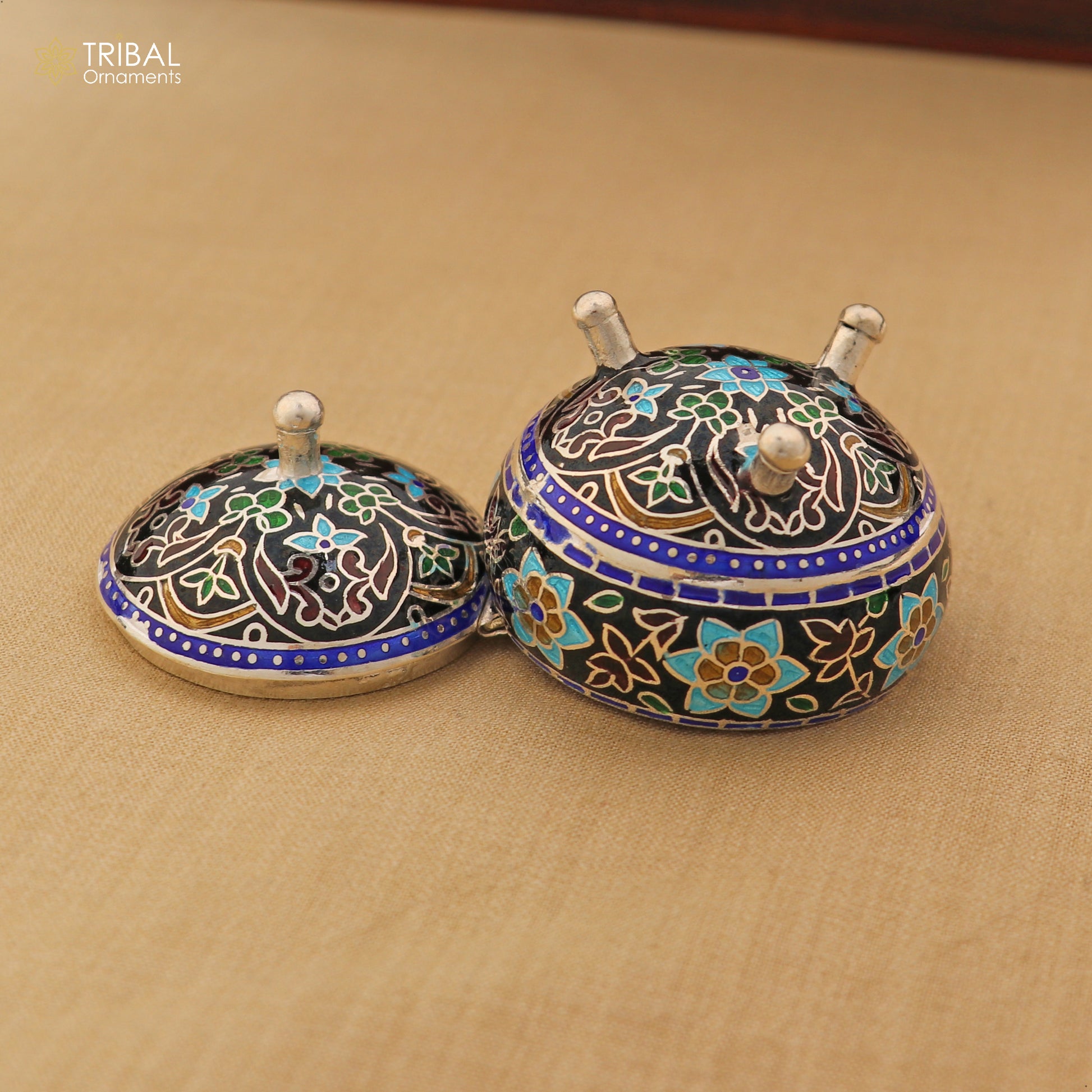 925 Sterling silver fabulous meenakari trinket box, container box, casket box,sindoor box, enamel work customized  box stb898 - TRIBAL ORNAMENTS