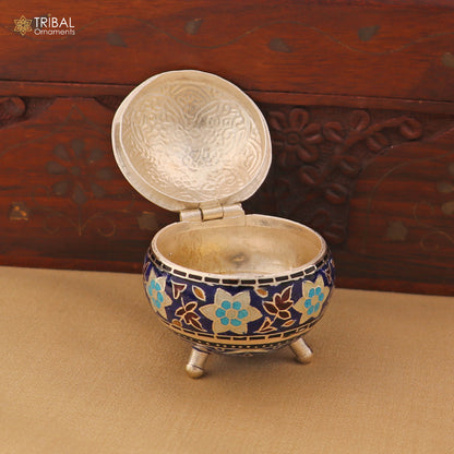 925 Sterling silver fabulous meenakari trinket box, container box, casket box,sindoor box, enamel work customized  box stb899 - TRIBAL ORNAMENTS