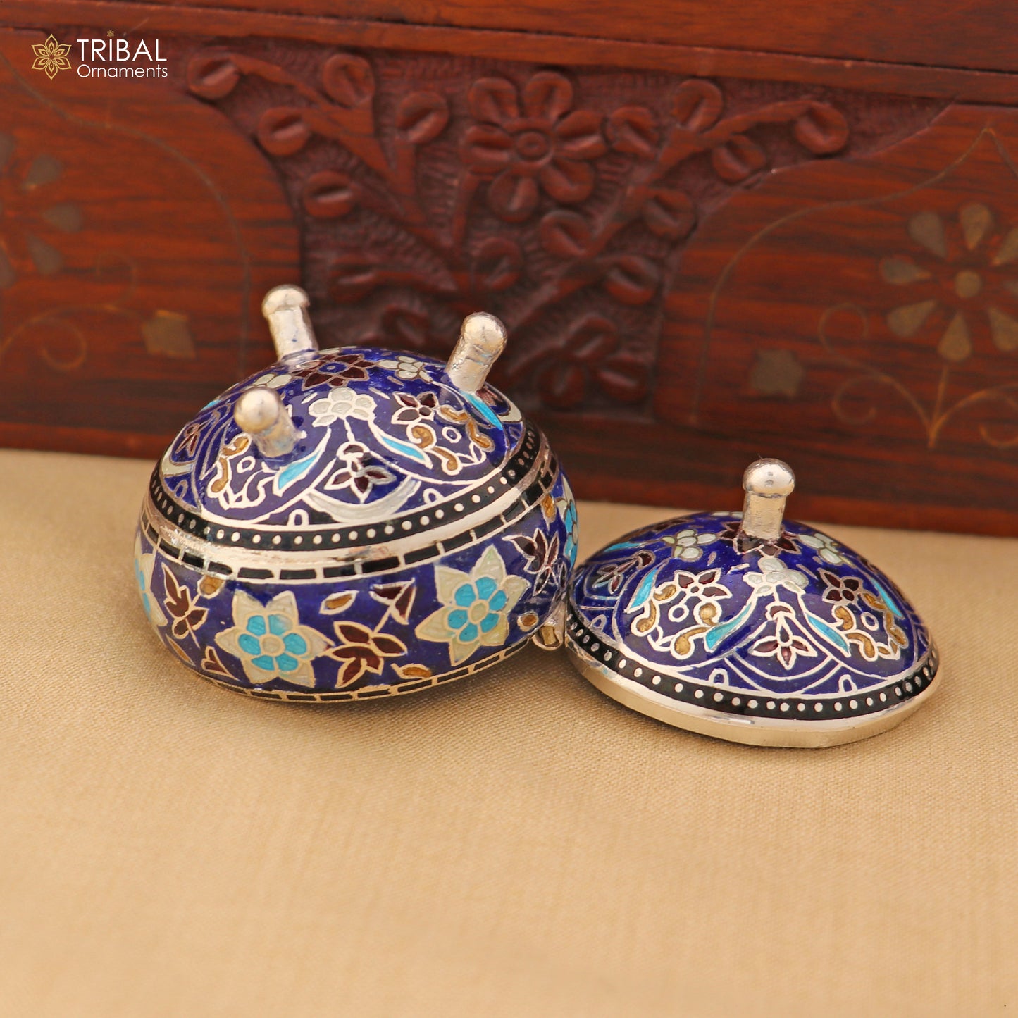 925 Sterling silver fabulous meenakari trinket box, container box, casket box,sindoor box, enamel work customized  box stb899 - TRIBAL ORNAMENTS