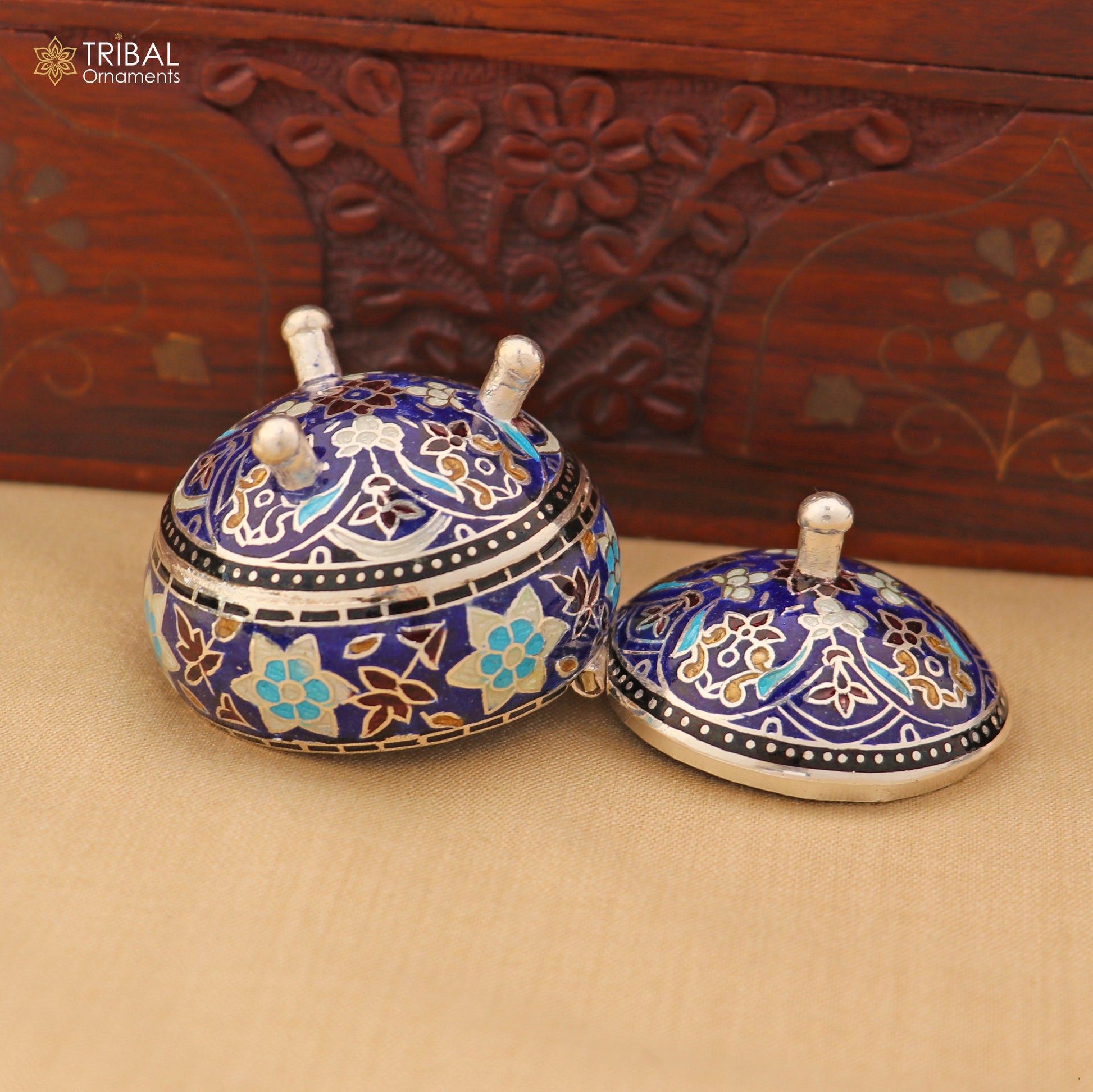 925 Sterling silver fabulous meenakari trinket box, container box, casket box,sindoor box, enamel work customized  box stb899 - TRIBAL ORNAMENTS