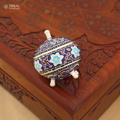 925 Sterling silver fabulous meenakari trinket box, container box, casket box,sindoor box, enamel work customized  box stb899 - TRIBAL ORNAMENTS