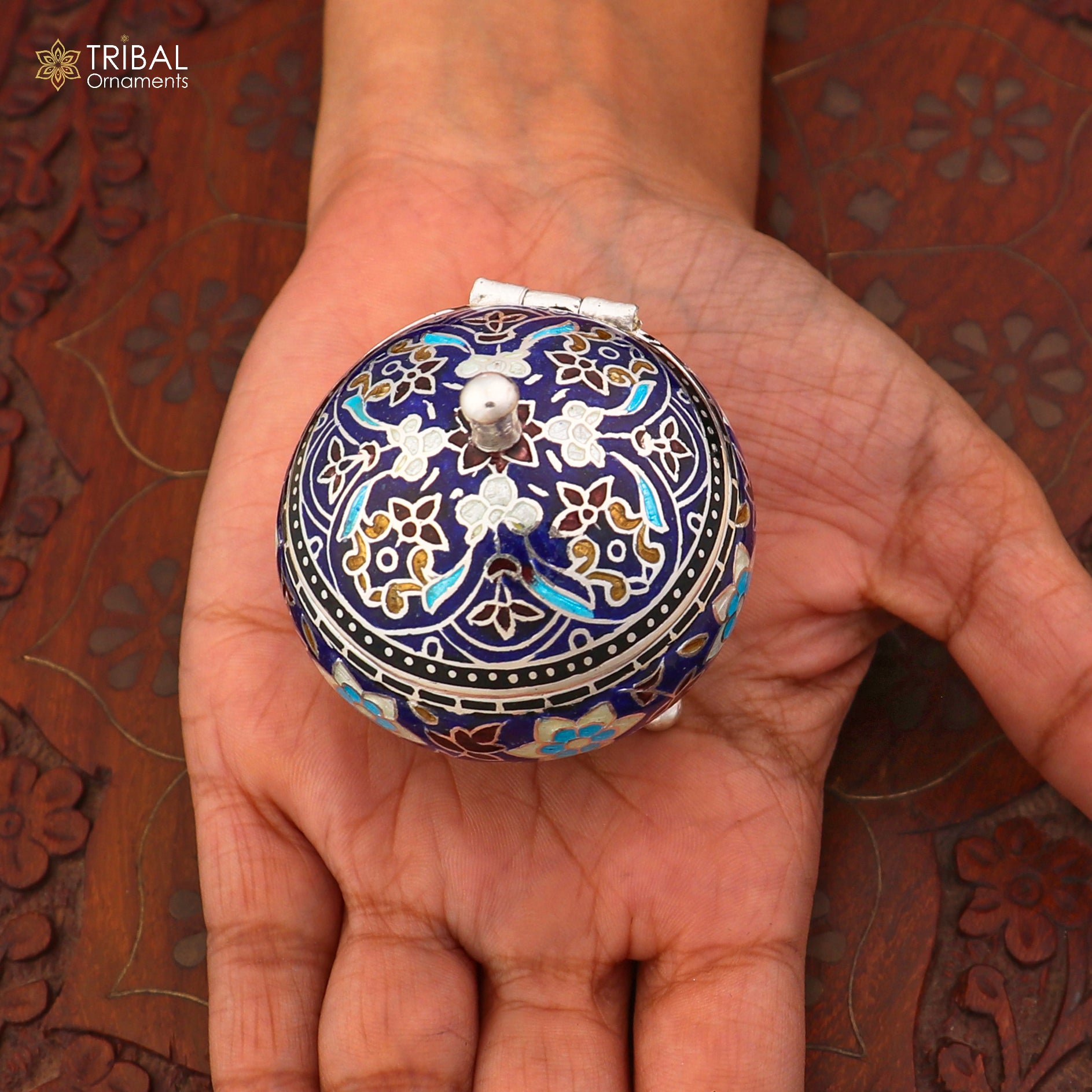 925 Sterling silver fabulous meenakari trinket box, container box, casket box,sindoor box, enamel work customized  box stb899 - TRIBAL ORNAMENTS