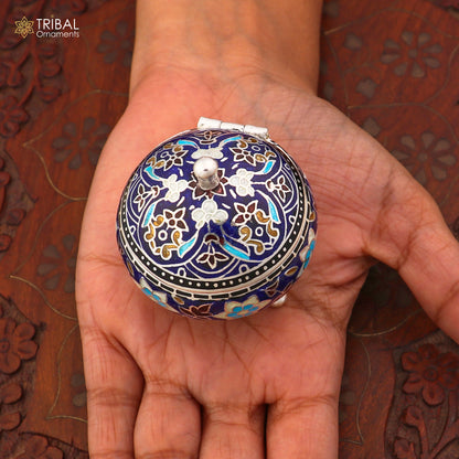 925 Sterling silver fabulous meenakari trinket box, container box, casket box,sindoor box, enamel work customized  box stb899 - TRIBAL ORNAMENTS