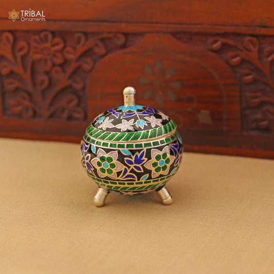 925 Sterling silver fabulous meenakari trinket box, container box, casket box,sindoor box, enamel work customized  box stb900 - TRIBAL ORNAMENTS