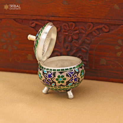 925 Sterling silver fabulous meenakari trinket box, container box, casket box,sindoor box, enamel work customized  box stb900 - TRIBAL ORNAMENTS