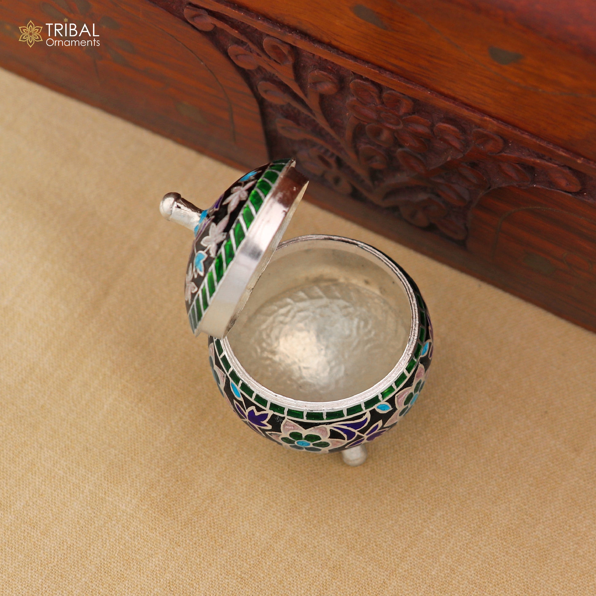 925 Sterling silver fabulous meenakari trinket box, container box, casket box,sindoor box, enamel work customized  box stb900 - TRIBAL ORNAMENTS