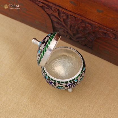 925 Sterling silver fabulous meenakari trinket box, container box, casket box,sindoor box, enamel work customized  box stb900 - TRIBAL ORNAMENTS
