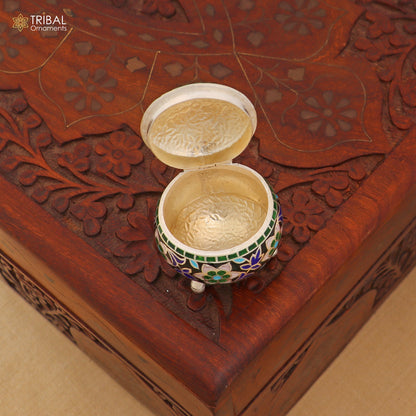 925 Sterling silver fabulous meenakari trinket box, container box, casket box,sindoor box, enamel work customized  box stb900 - TRIBAL ORNAMENTS