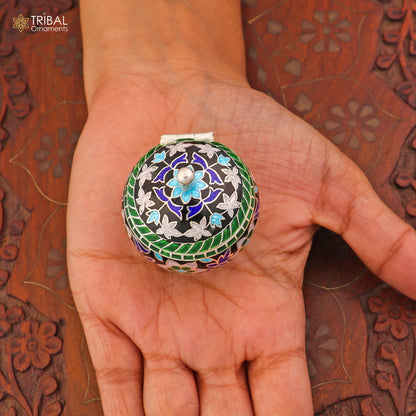 925 Sterling silver fabulous meenakari trinket box, container box, casket box,sindoor box, enamel work customized  box stb900 - TRIBAL ORNAMENTS