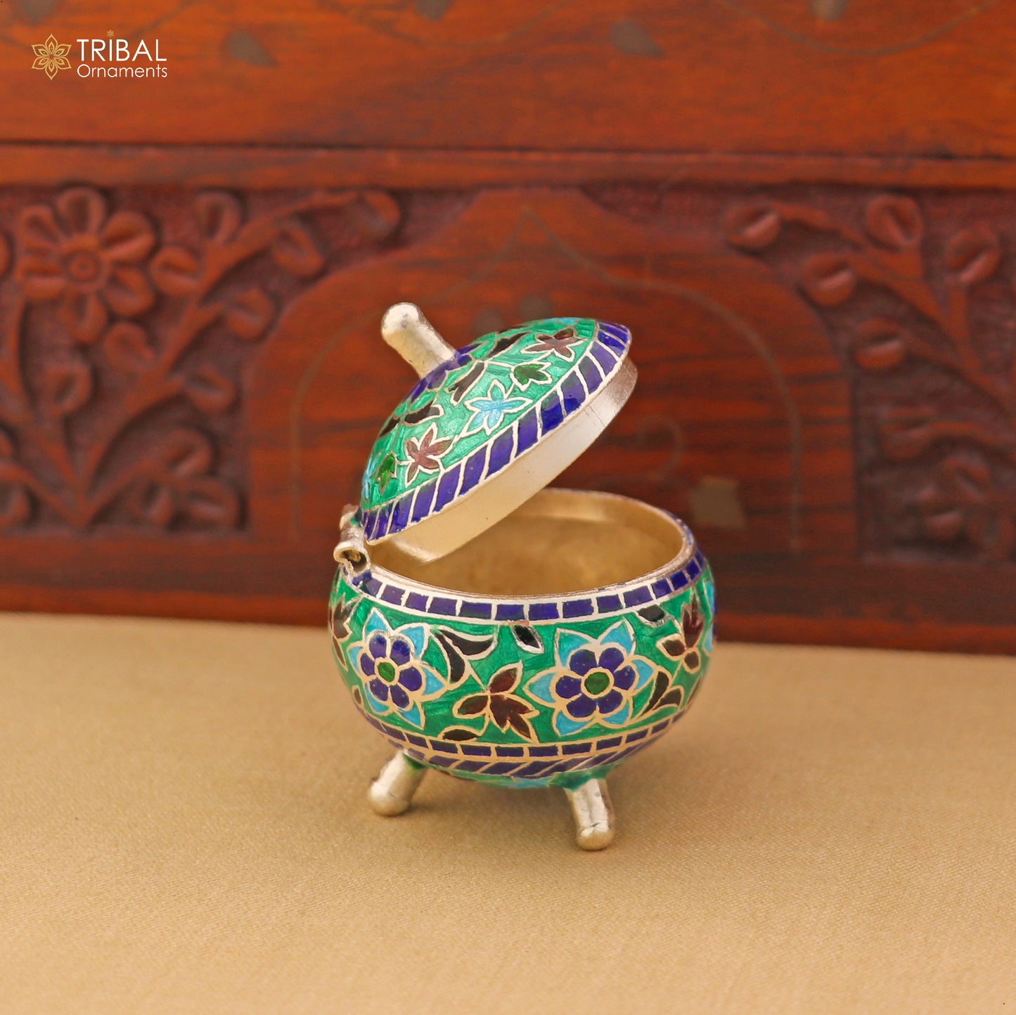 925 Sterling silver fabulous meenakari trinket box, container box, casket box,sindoor box, enamel work customized  box stb901 - TRIBAL ORNAMENTS