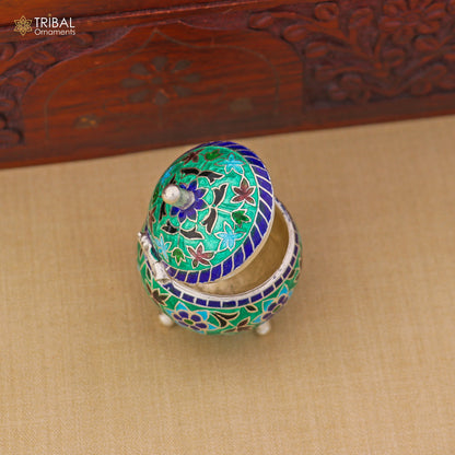 925 Sterling silver fabulous meenakari trinket box, container box, casket box,sindoor box, enamel work customized  box stb901 - TRIBAL ORNAMENTS