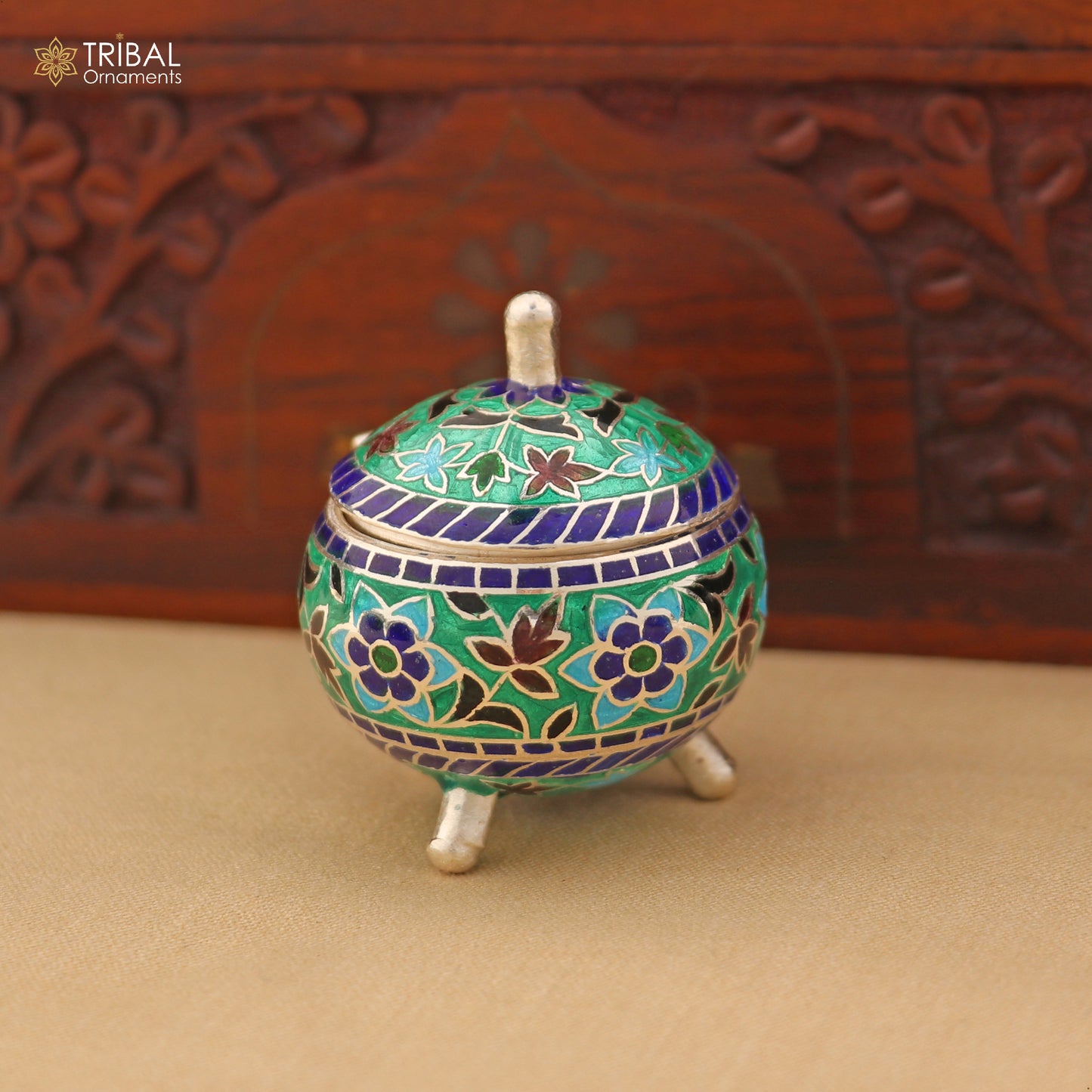 925 Sterling silver fabulous meenakari trinket box, container box, casket box,sindoor box, enamel work customized  box stb901 - TRIBAL ORNAMENTS