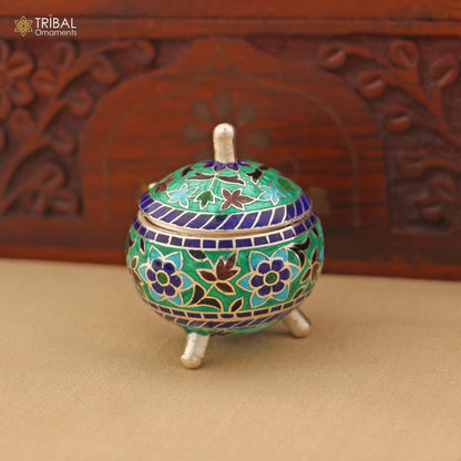 925 Sterling silver fabulous meenakari trinket box, container box, casket box,sindoor box, enamel work customized  box stb901 - TRIBAL ORNAMENTS