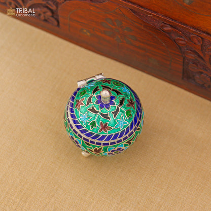 925 Sterling silver fabulous meenakari trinket box, container box, casket box,sindoor box, enamel work customized  box stb901 - TRIBAL ORNAMENTS