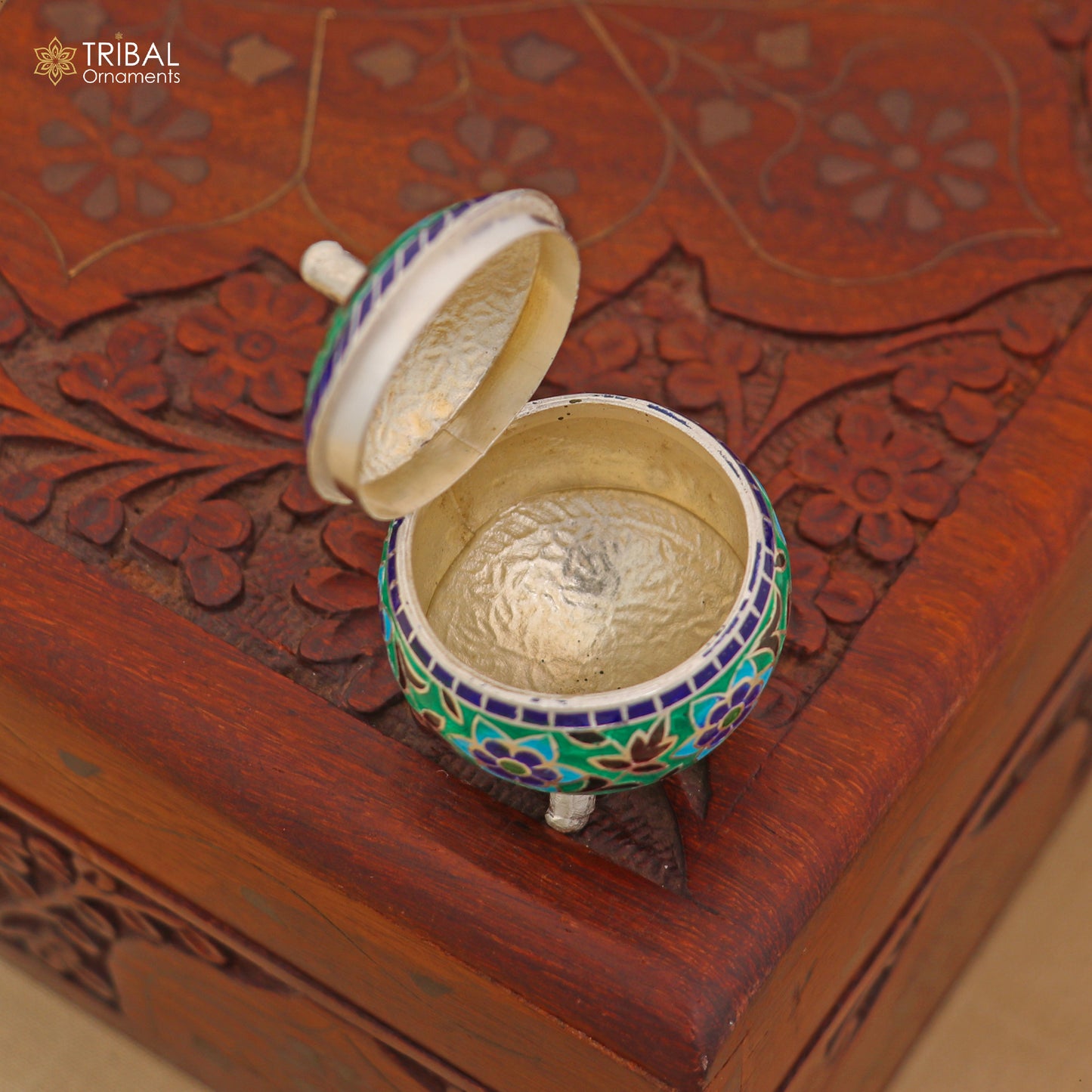 925 Sterling silver fabulous meenakari trinket box, container box, casket box,sindoor box, enamel work customized  box stb901 - TRIBAL ORNAMENTS