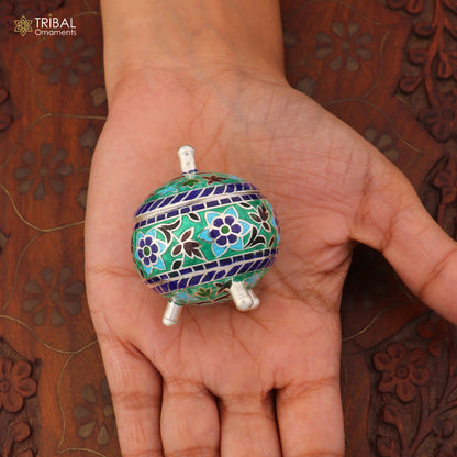 925 Sterling silver fabulous meenakari trinket box, container box, casket box,sindoor box, enamel work customized  box stb901 - TRIBAL ORNAMENTS