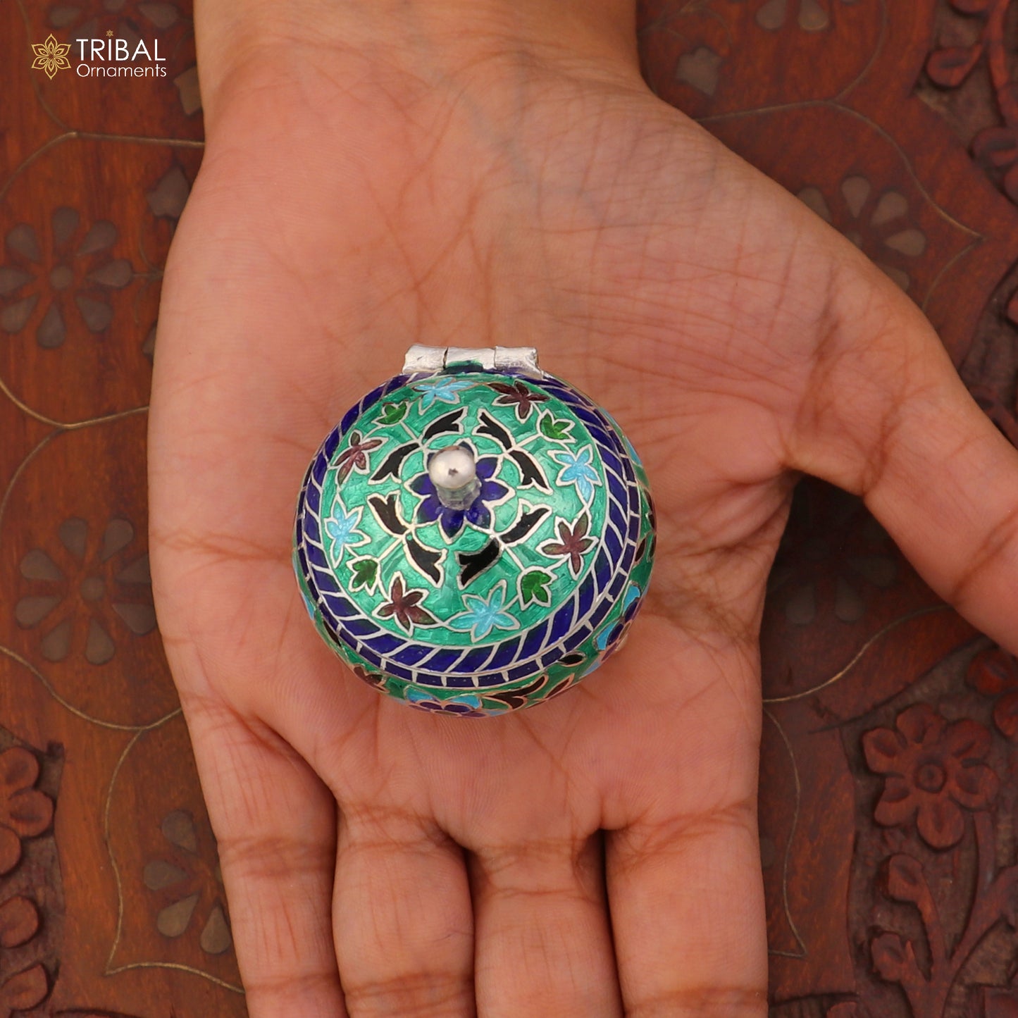 925 Sterling silver fabulous meenakari trinket box, container box, casket box,sindoor box, enamel work customized  box stb901 - TRIBAL ORNAMENTS