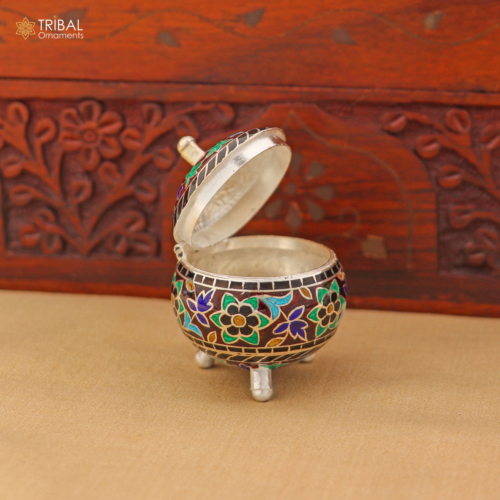 925 Sterling silver fabulous meenakari trinket box, container box, casket box,sindoor box, enamel work customized  box stb902 - TRIBAL ORNAMENTS