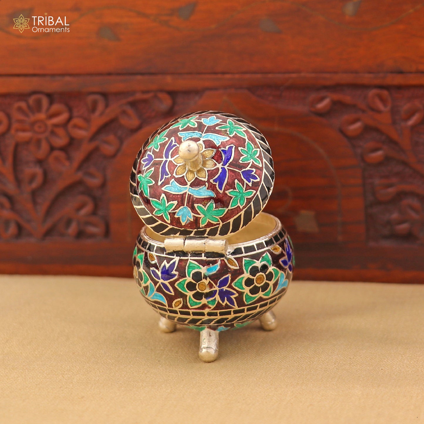 925 Sterling silver fabulous meenakari trinket box, container box, casket box,sindoor box, enamel work customized  box stb902 - TRIBAL ORNAMENTS