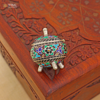 925 Sterling silver fabulous meenakari trinket box, container box, casket box,sindoor box, enamel work customized  box stb902 - TRIBAL ORNAMENTS