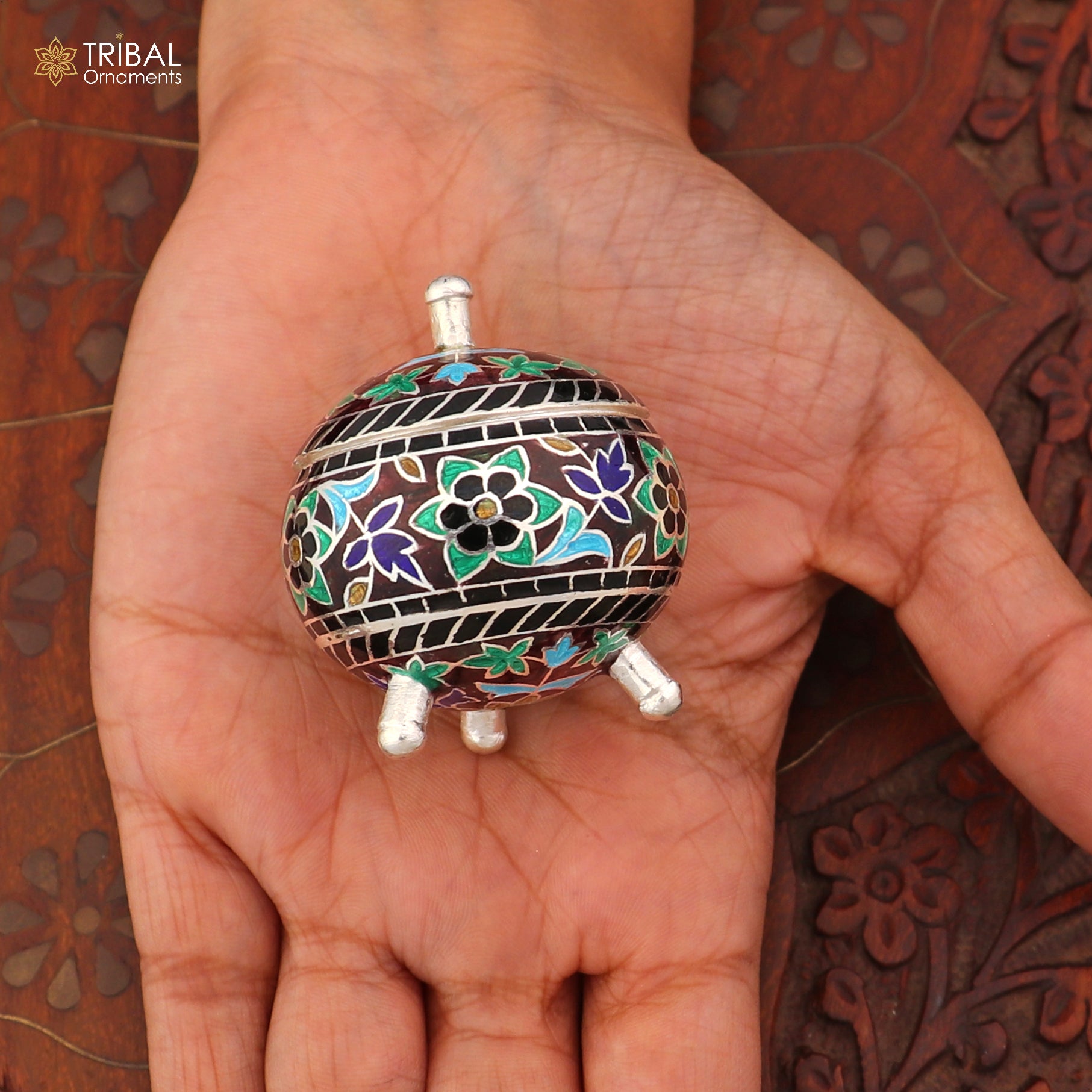 925 Sterling silver fabulous meenakari trinket box, container box, casket box,sindoor box, enamel work customized  box stb902 - TRIBAL ORNAMENTS