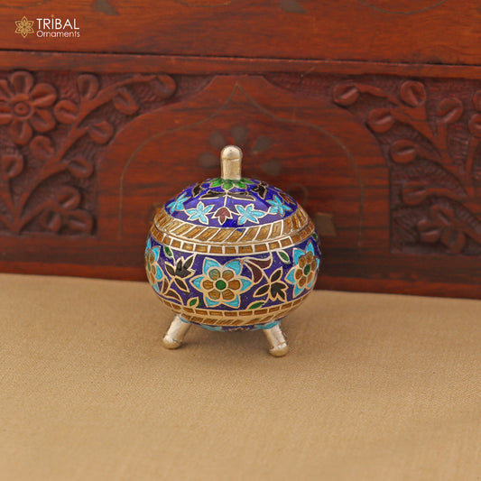 925 Sterling silver fabulous meenakari trinket box, container box, casket box,sindoor box, enamel work customized  box stb903 - TRIBAL ORNAMENTS