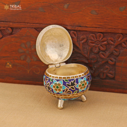 925 Sterling silver fabulous meenakari trinket box, container box, casket box,sindoor box, enamel work customized  box stb903 - TRIBAL ORNAMENTS