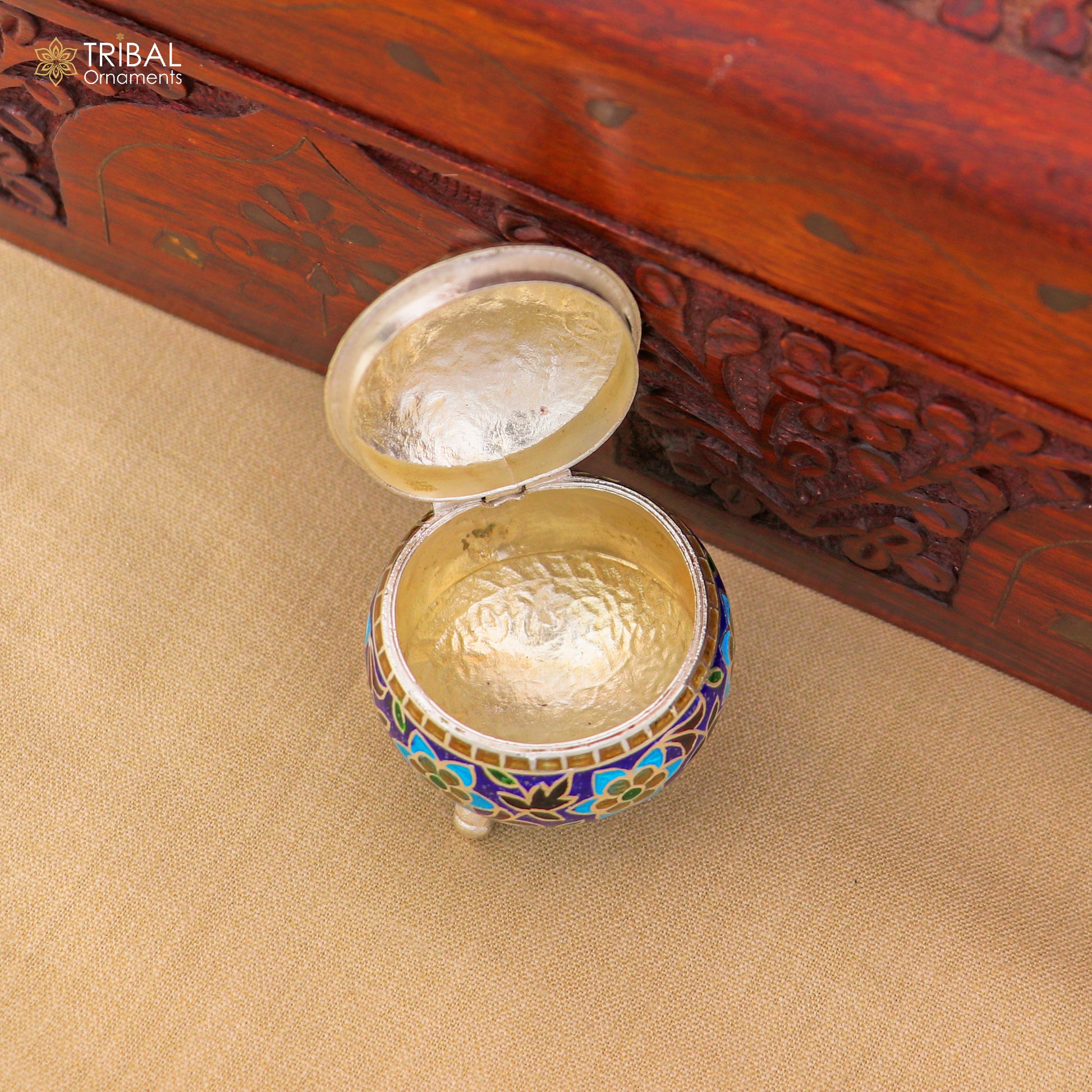 925 Sterling silver fabulous meenakari trinket box, container box, casket box,sindoor box, enamel work customized  box stb903 - TRIBAL ORNAMENTS