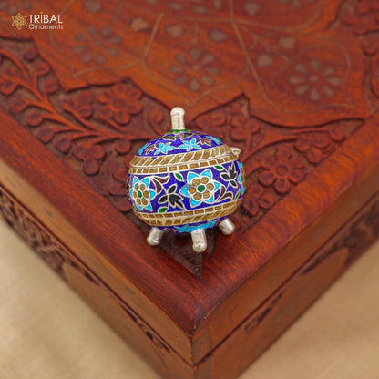 925 Sterling silver fabulous meenakari trinket box, container box, casket box,sindoor box, enamel work customized  box stb903 - TRIBAL ORNAMENTS