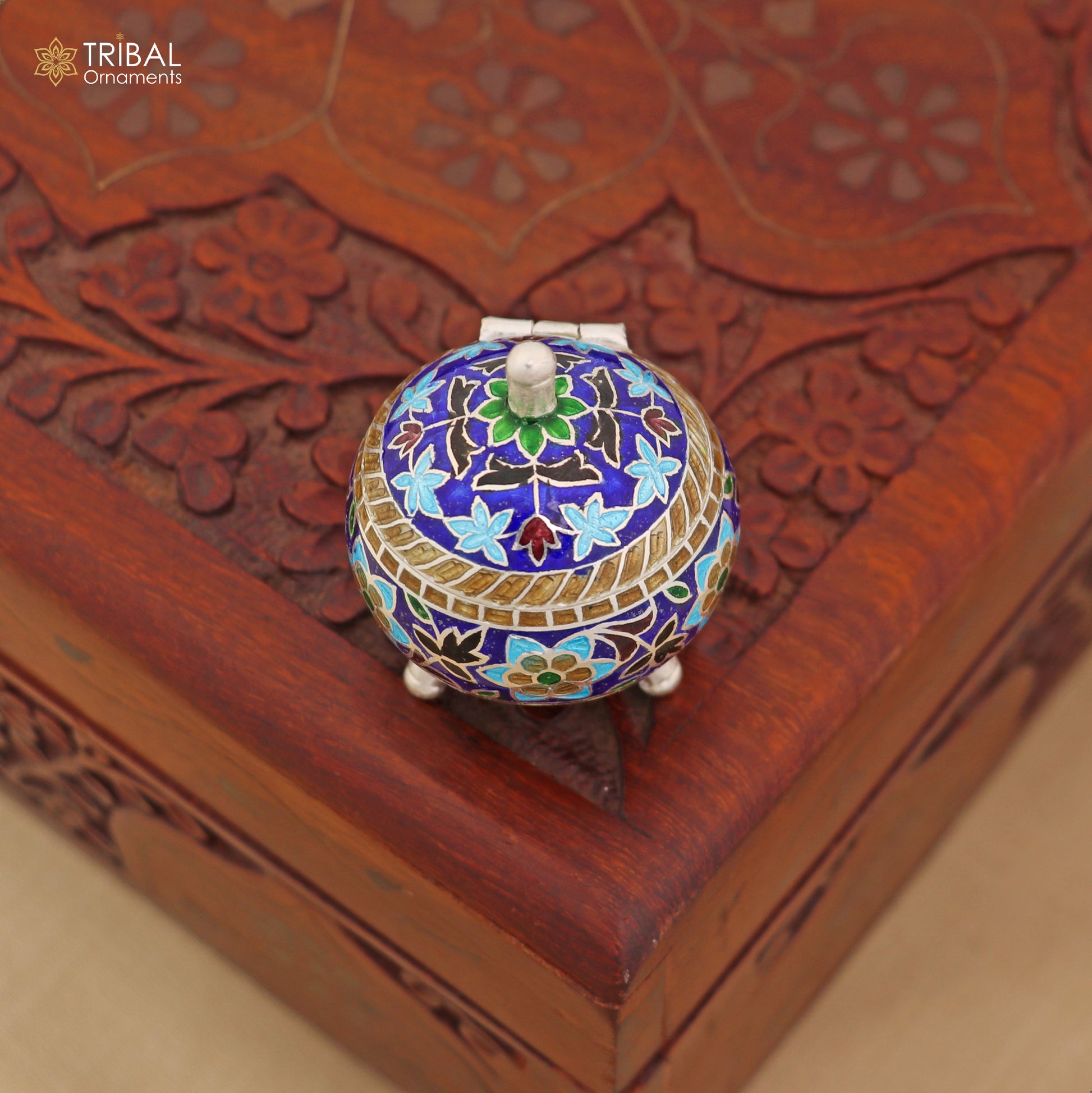 925 Sterling silver fabulous meenakari trinket box, container box, casket box,sindoor box, enamel work customized  box stb903 - TRIBAL ORNAMENTS