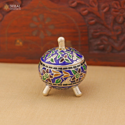 925 Sterling silver fabulous meenakari trinket box, container box, casket box,sindoor box, enamel work customized  box stb904 - TRIBAL ORNAMENTS