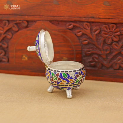 925 Sterling silver fabulous meenakari trinket box, container box, casket box,sindoor box, enamel work customized  box stb904 - TRIBAL ORNAMENTS
