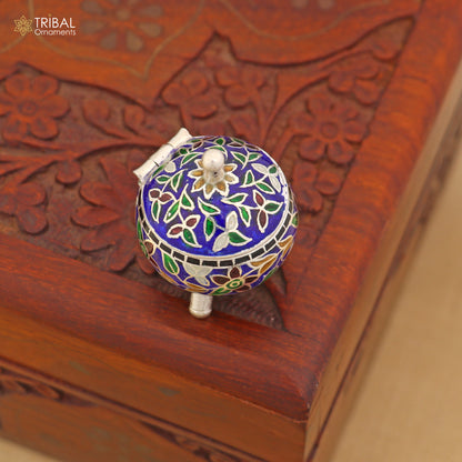 925 Sterling silver fabulous meenakari trinket box, container box, casket box,sindoor box, enamel work customized  box stb904 - TRIBAL ORNAMENTS