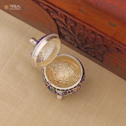 925 Sterling silver fabulous meenakari trinket box, container box, casket box,sindoor box, enamel work customized  box stb904 - TRIBAL ORNAMENTS