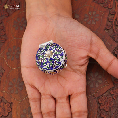 925 Sterling silver fabulous meenakari trinket box, container box, casket box,sindoor box, enamel work customized  box stb904 - TRIBAL ORNAMENTS