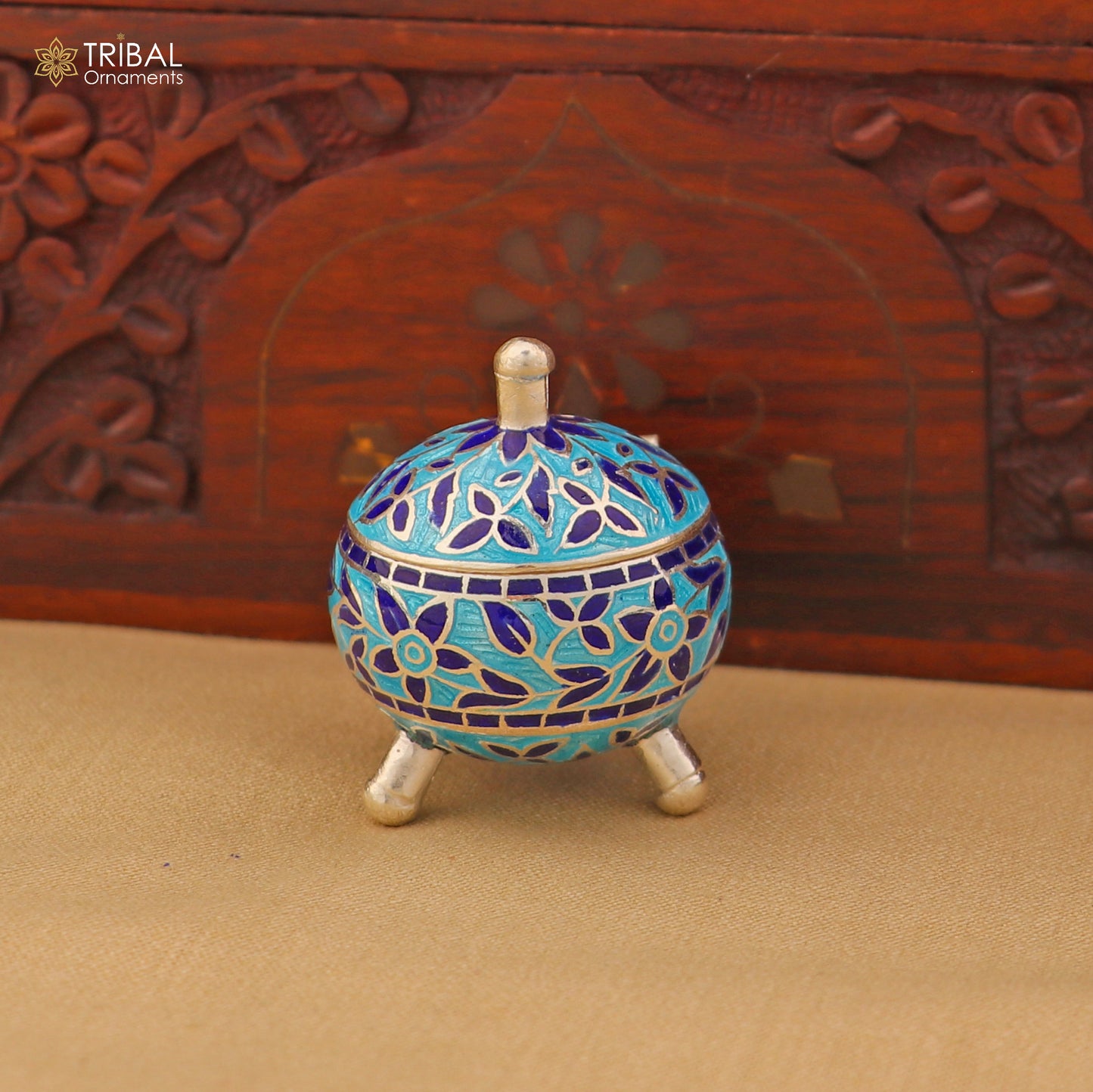 925 Sterling silver fabulous meenakari trinket box, container box, casket box,sindoor box, enamel work customized  box stb905 - TRIBAL ORNAMENTS