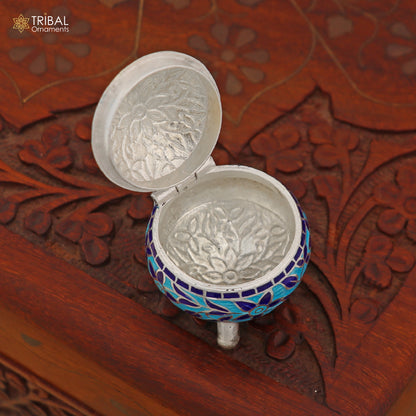 925 Sterling silver fabulous meenakari trinket box, container box, casket box,sindoor box, enamel work customized  box stb905 - TRIBAL ORNAMENTS