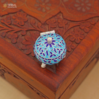 925 Sterling silver fabulous meenakari trinket box, container box, casket box,sindoor box, enamel work customized  box stb905 - TRIBAL ORNAMENTS