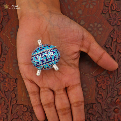 925 Sterling silver fabulous meenakari trinket box, container box, casket box,sindoor box, enamel work customized  box stb905 - TRIBAL ORNAMENTS