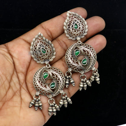 925 sterling silver fabulous unique filigree work design gree stone stud earrings with hanging drops ethnic brides jewellery India s1315 - TRIBAL ORNAMENTS