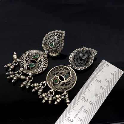 925 sterling silver fabulous unique filigree work design gree stone stud earrings with hanging drops ethnic brides jewellery India s1315 - TRIBAL ORNAMENTS