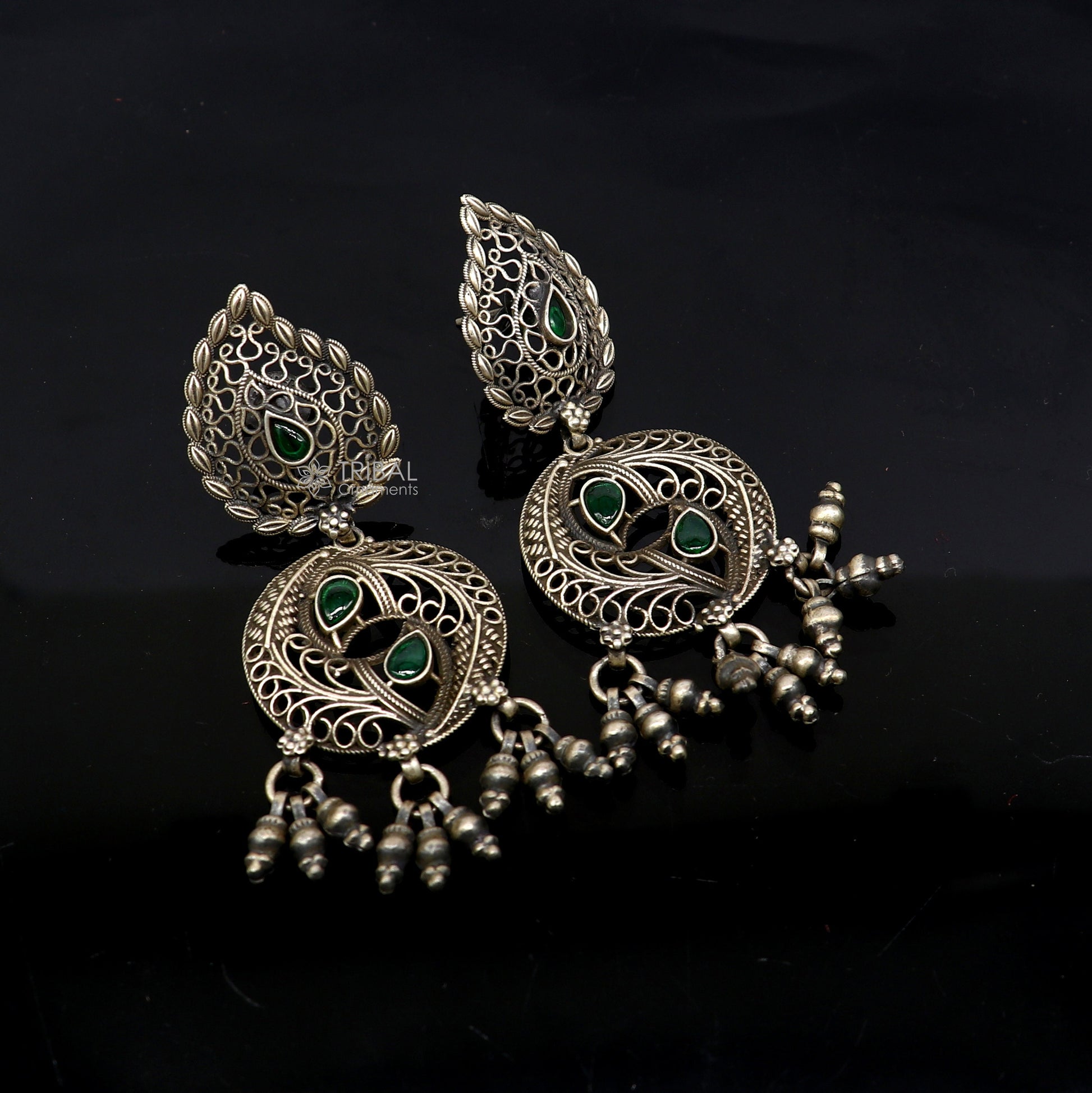 925 sterling silver fabulous unique filigree work design gree stone stud earrings with hanging drops ethnic brides jewellery India s1315 - TRIBAL ORNAMENTS