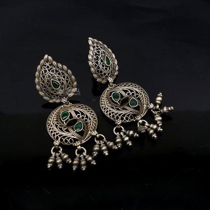 925 sterling silver fabulous unique filigree work design gree stone stud earrings with hanging drops ethnic brides jewellery India s1315 - TRIBAL ORNAMENTS