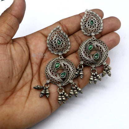 925 sterling silver fabulous unique filigree work design gree stone stud earrings with hanging drops ethnic brides jewellery India s1315 - TRIBAL ORNAMENTS