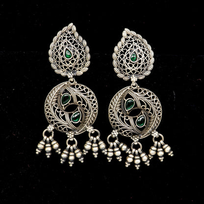 925 sterling silver fabulous unique filigree work design gree stone stud earrings with hanging drops ethnic brides jewellery India s1315 - TRIBAL ORNAMENTS