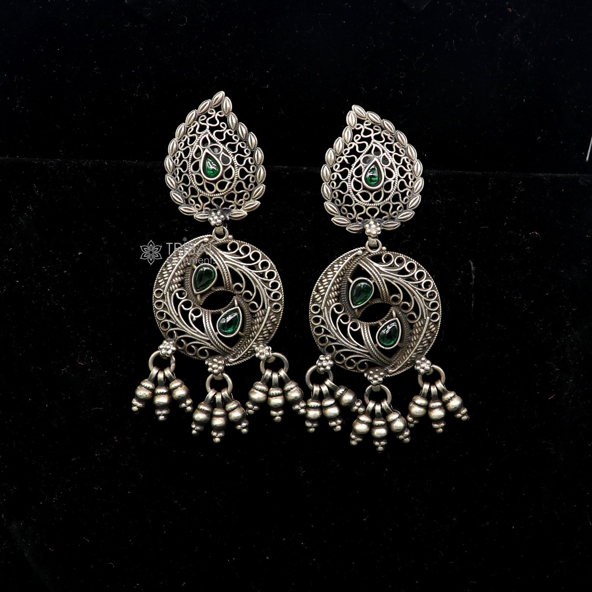 925 sterling silver fabulous unique filigree work design gree stone stud earrings with hanging drops ethnic brides jewellery India s1315 - TRIBAL ORNAMENTS