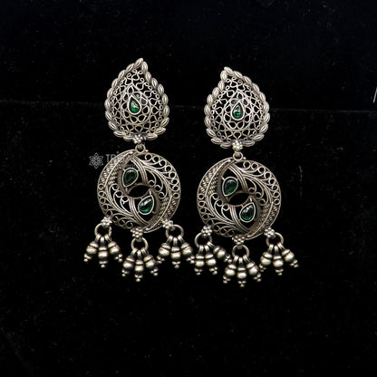 925 sterling silver fabulous unique filigree work design gree stone stud earrings with hanging drops ethnic brides jewellery India s1315 - TRIBAL ORNAMENTS