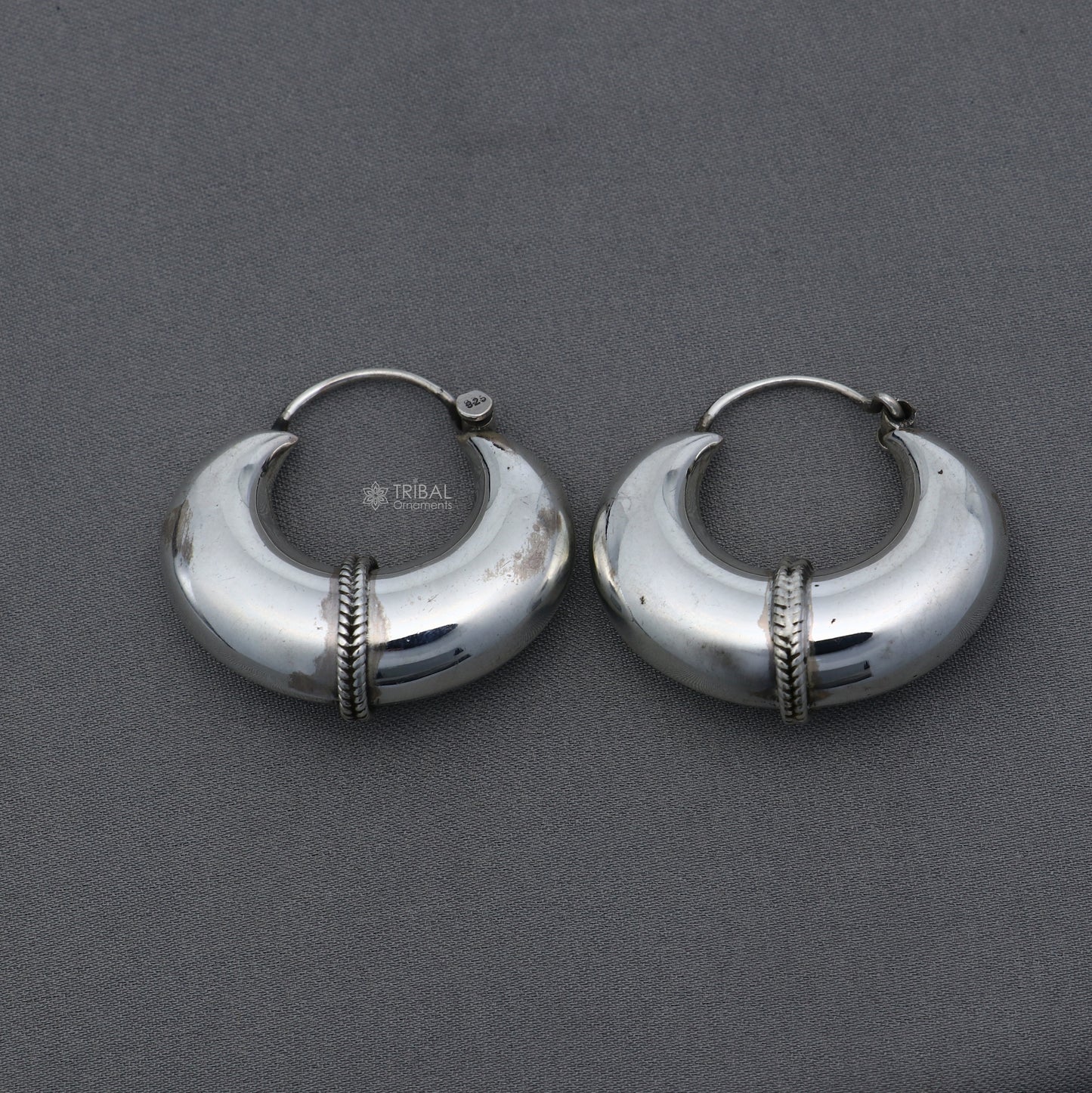 Elegant vintage 925 sterling silver hoops earrings with a plain design, traditional cultural style by TRIBAL ORNAMENTS.