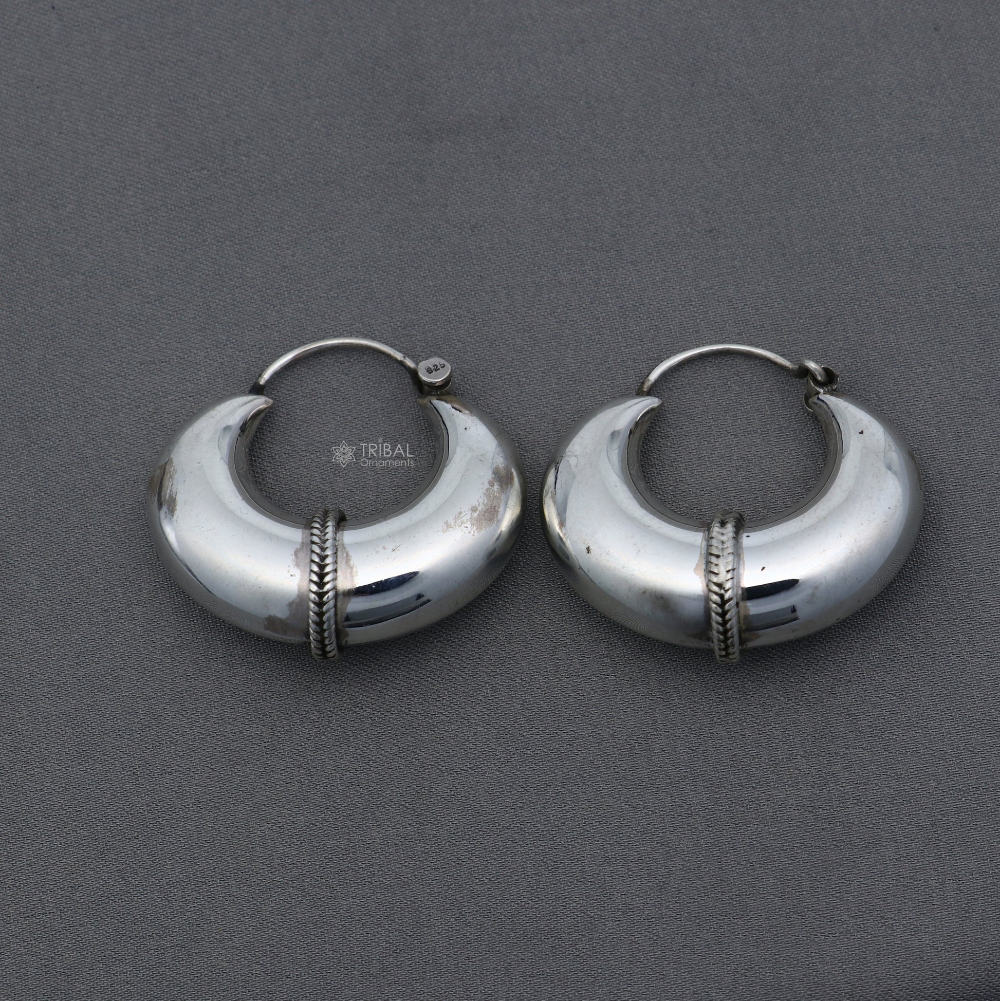 Elegant vintage 925 sterling silver hoops earrings with a plain design, traditional cultural style by TRIBAL ORNAMENTS.